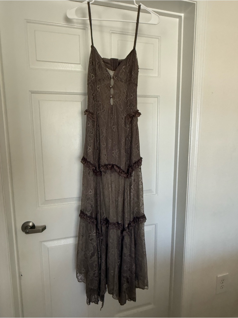 Current Mood Brown Lace Tiered Maxi Dress with Spaghetti Straps